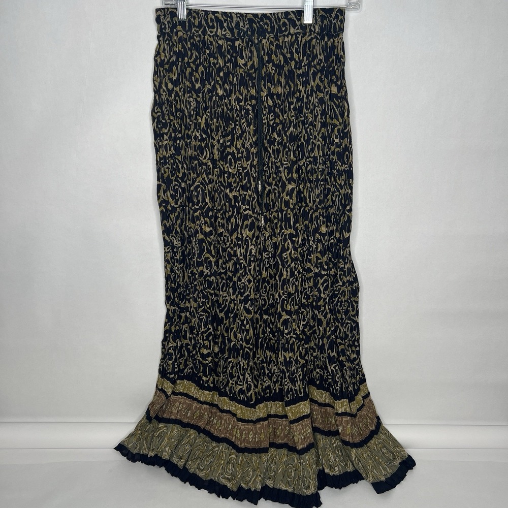 24 Karat Women's Black Tan Floral Crinkle Cotton A-Line Maxi Skirt One Size